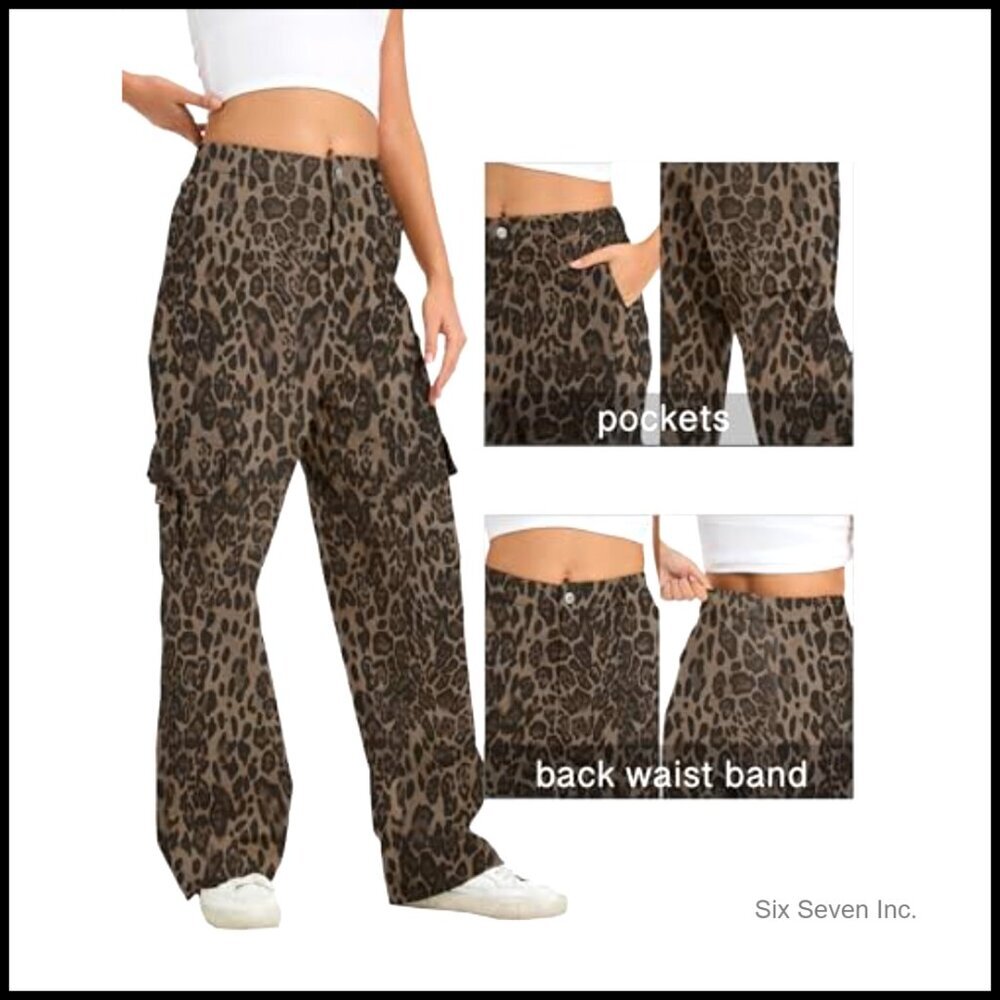 High Waist Wide Leg Cargo Pants Stretchy Pull On Baggy Casual - Picture 6 of 6